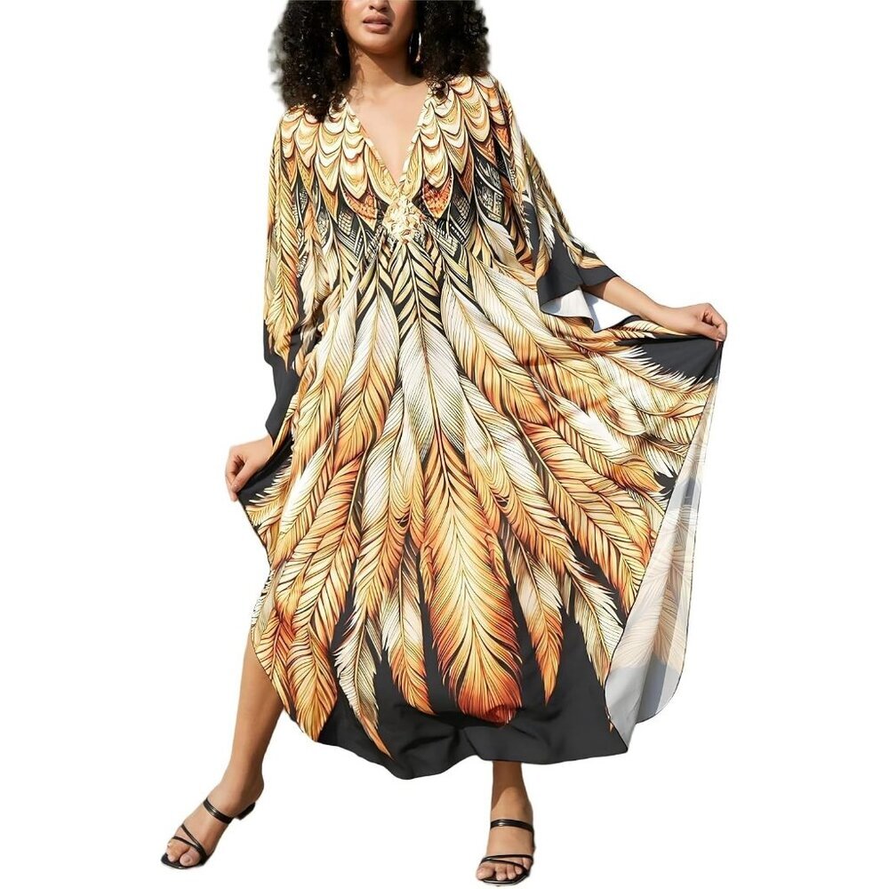 Women Golden Wheat Sleeve Kaftan Flowy Lightweight loungewear Beach Caftan Maxi